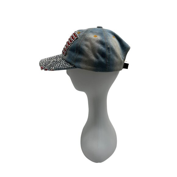 American USA Flag Rhinestone Distressed Design Denim Cap With Adjustable Strap - Picture 6 of 8